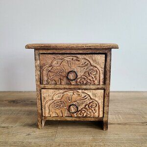 wooden jewelry organizer/storage box with carved elephants.